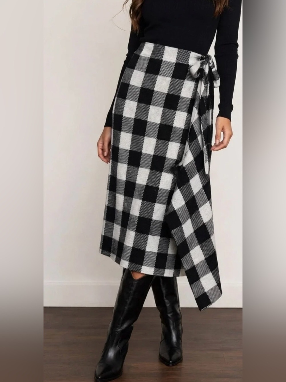 Pomander Place Gingham Knit Wrap Skirt Black & White XL